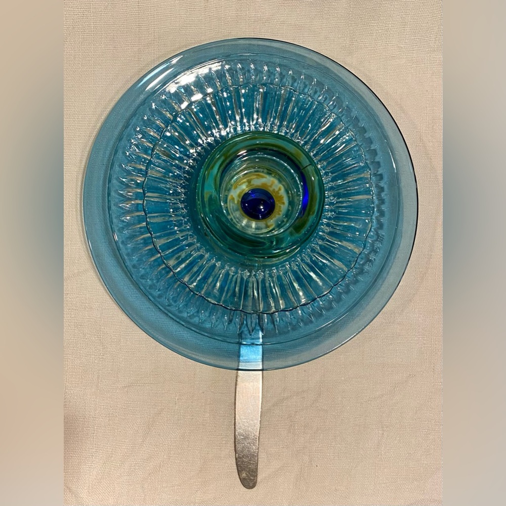 Blue Glass Plate Flower - Garden Art - upcycled